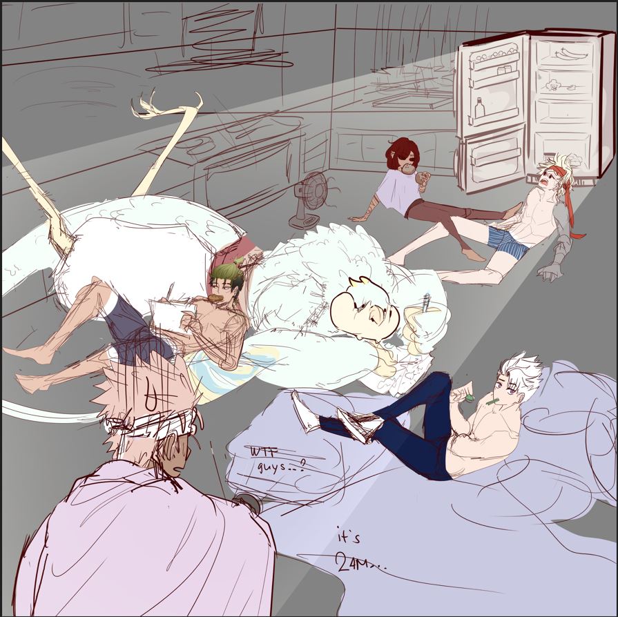 The Six Roommates using the fridge to cool off during warm summer nights