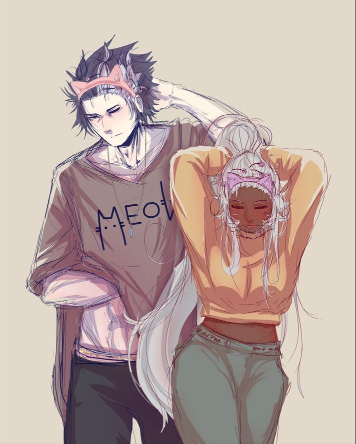 Kaki making Stark wear matching cat ears for skincare